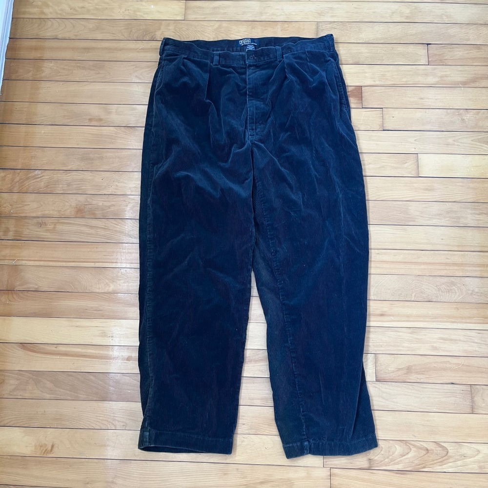 Polo Ralph Lauren Men Navy Blue Pleated Corduroy Pants Polo Cords 38x30 Wide Leg